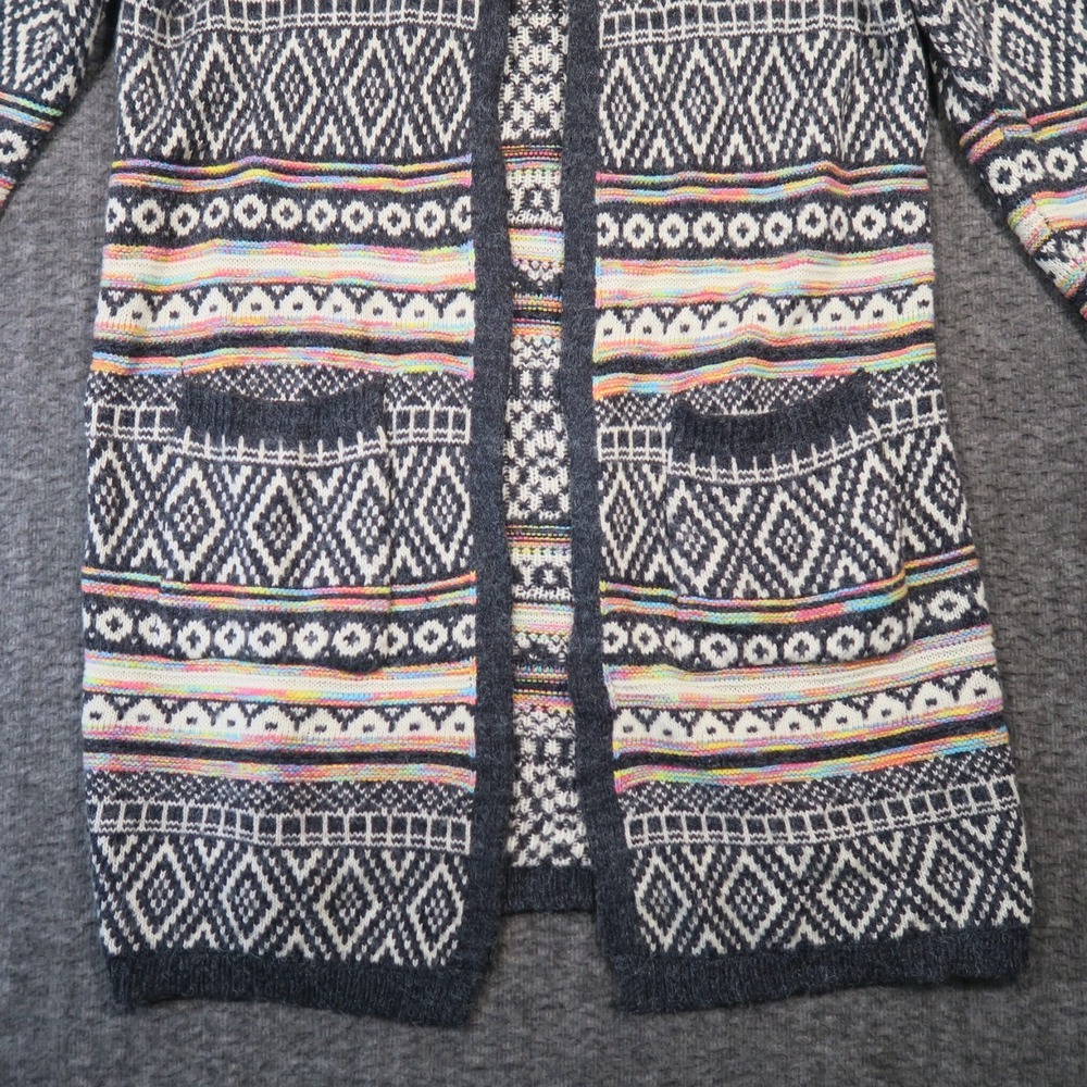 Monteau Hooded Duster Cardigan M Rainbow Intarsia Pockets Aztec Boho Festival - Picture 8 of 11